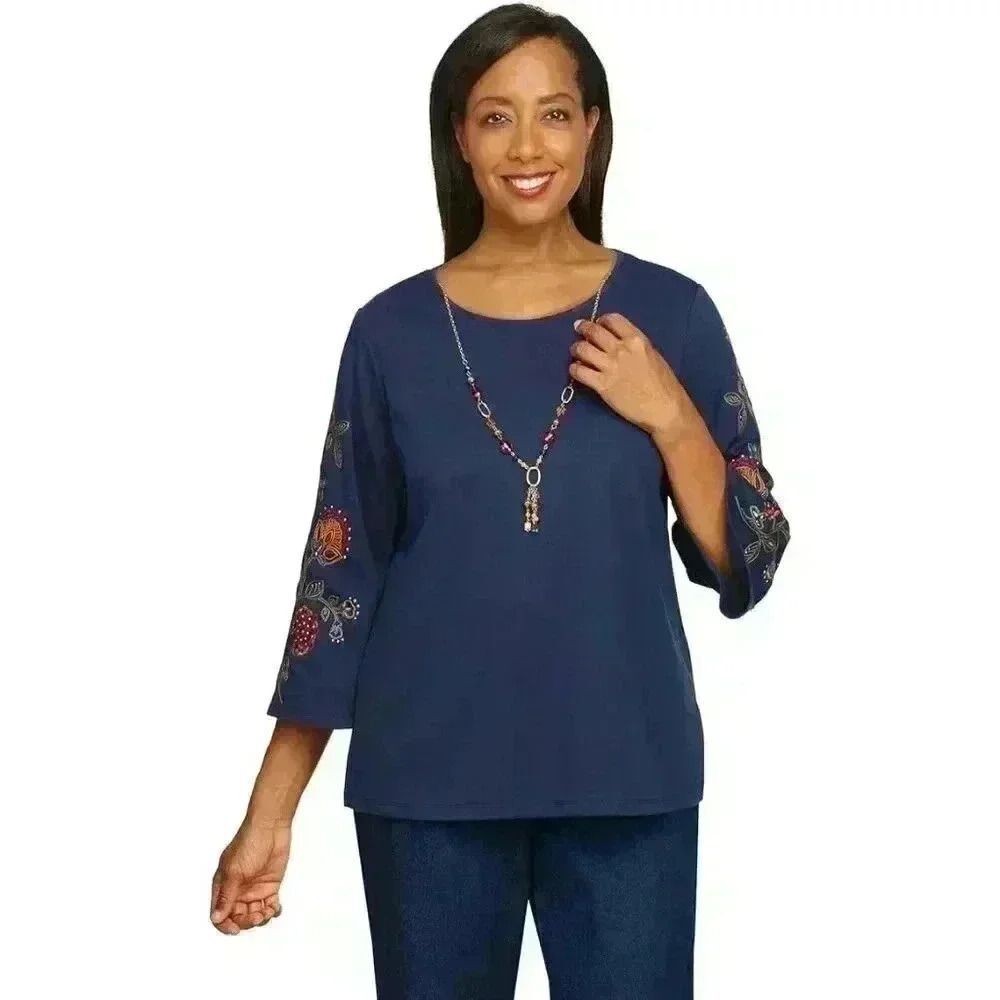 Alfred Dunner Petites Embroidered Bell Sleeves Knit Top - PM Size, Navy Blue - Picture 14 of 14